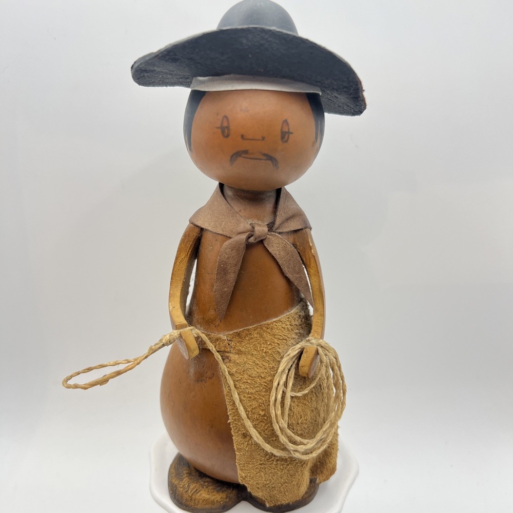 Vintage Uruguay Hand Carved Folk Art Gourd Doll Gaucho Figurine Signed